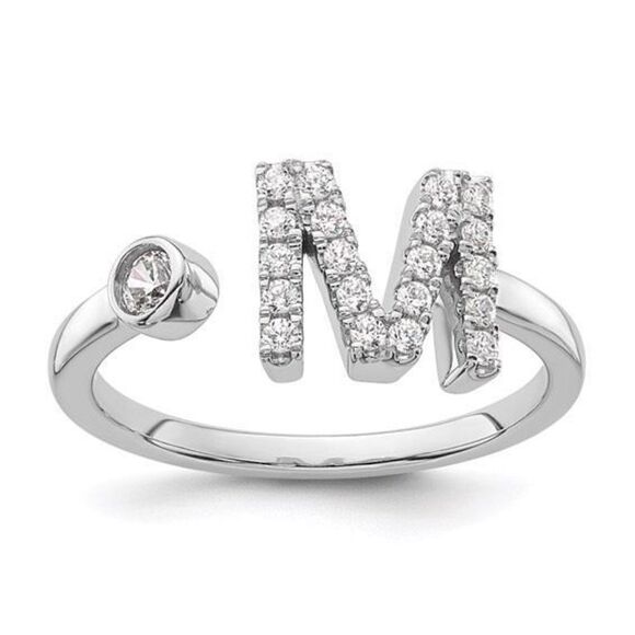 14K White Gold Lab Grown Diamond SI1/SI2, G H I, Initial M Adjustable Ring - Picture 1 of 6